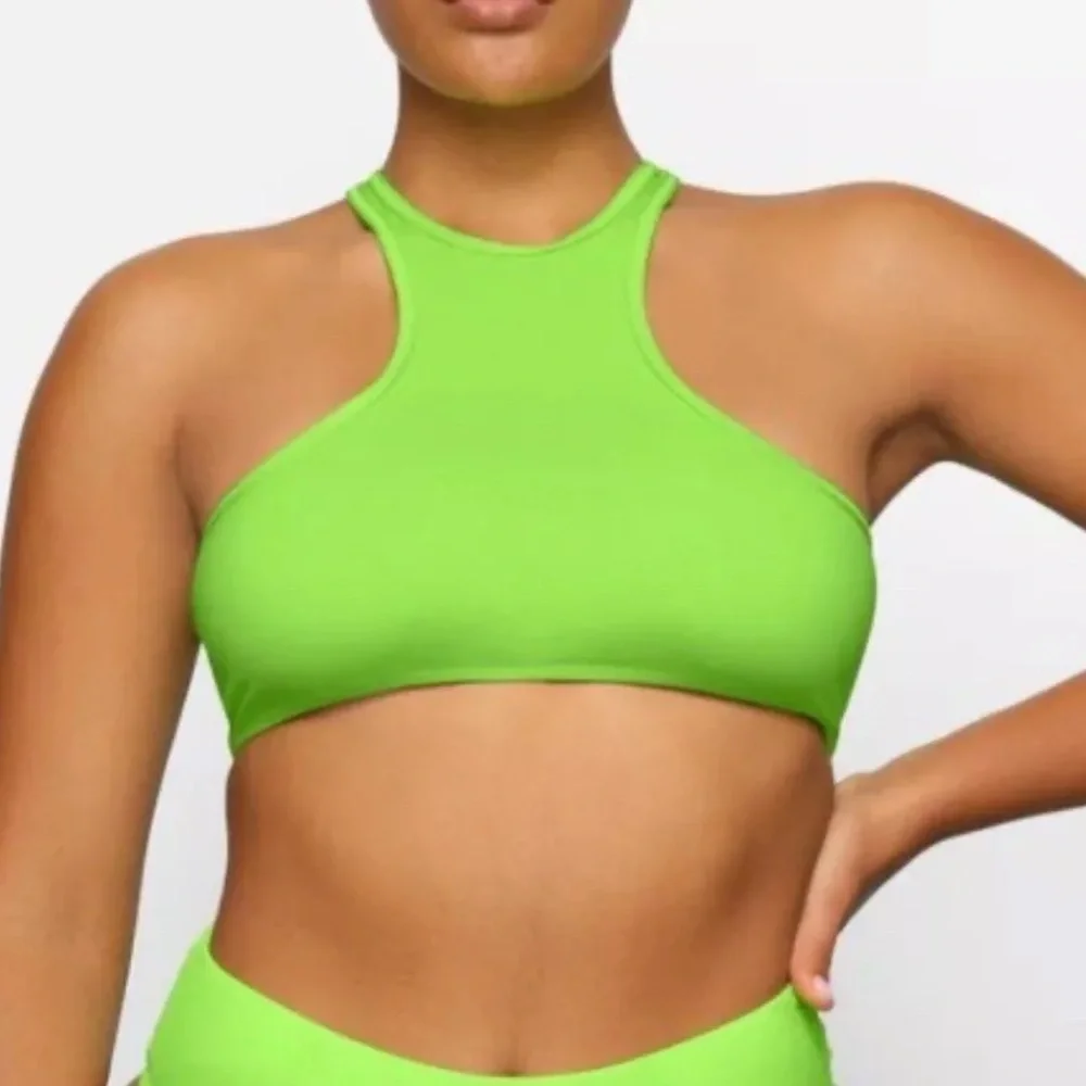 NWT SKIMS recycled swim high neck racerback top XS neon green
